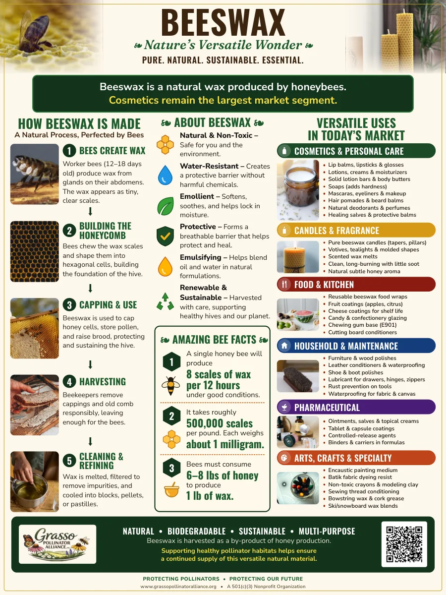 Beeswax poster: how bees make wax in five steps, what beeswax is used for from cosmetics to candles to arts and crafts, and bee facts